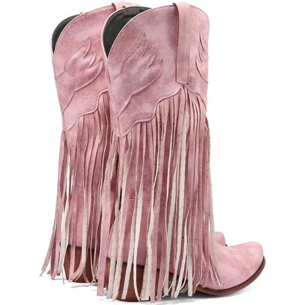 Women's Pink Fringe Cowboy Boots Square Toe Mid Calf Embroidered Western Boots - Picture 5 of 7